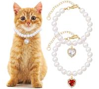 Mxxipp 2pcs Cat Pearl Collar with Heart Pendant, Cute Pearl Pet Necklace in Small, Adjustable Wedding Party Small Dog Jewelry Accessories for Puppy Kitten- White & Red
