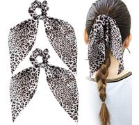 Mxxipp 2pcs Leopard Print Bow Hair Tie, Elastics Non-Slip Bow Scrunchies Band, Soft Long Tail Bowknot Ties Ponytail Holder Accessories for Curly Straight Thick Fine Hair- Light Coffee
