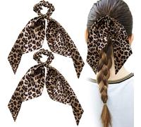 Mxxipp 2pcs Leopard Print Bow Hair Tie, Elastics Non-Slip Bow Scrunchies Band, Soft Silk Long Tail Ponytail Holder Accessories for Curly Straight Thick Fine Hair