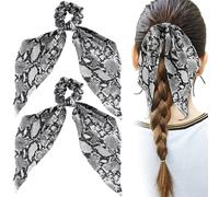 Mxxipp 2pcs Snake Print Bow Hair Tie, Elastics Non-Slip Bow Scrunchies Band, Soft Long Tail Bowknot Ties Ponytail Holder Accessories for Curly Straight Thick Fine Hair- Grey