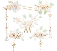 Mxxipp 5pcs Camellia Flower Tassels Hairpin, Vintage Chinese Hair Pins, Pearl Bun Updo Hair Accessories for Thin Thick Long Short Hair- White