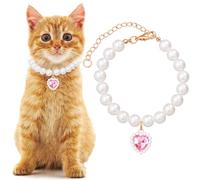 Mxxipp Cat Pearl Collar with Heart Pendant, Cute Pearl Pet Necklace in Medium, Adjustable Wedding Party Small Dog Jewelry Accessories for Puppy Kitten- Pink