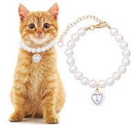 Mxxipp Cat Pearl Collar with Heart Pendant, Cute Pearl Pet Necklace in Medium, Adjustable Wedding Party Small Dog Jewelry Accessories for Puppy Kitten- White