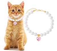 Mxxipp Cat Pearl Collar with Heart Pendant, Cute Pink Pearl Pet Necklace, Adjustable Wedding Party Pet Jewelry Accessories for Puppy Kitten- S