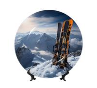 MXZERFKGLA Bone China Decorative Plate 10in Ceramic Dinner Plates Skis on Mountain Decorative Plates with Display Stand Porcelain Plate Art Crafts Ceramic Ornaments for Home Office Wall Decor