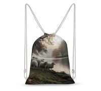 MXZERFKGLA Drawstring Backpack Sports Gym Bags Flock of Sheep by The Lake Drawstring Bags for Men Women Beach Bag String Bag