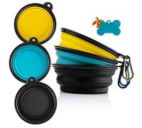 MXZONE 3 Collapsible Silicone Dog Bowl, Foldable Expandable Cup Dish for Small Pet Cat Food Water Feeding Portable Travel Bowl, Free Pet ID-Tag, Yellow Blue Black, S