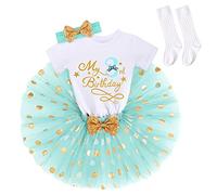 My 1/2 /1st /2nd/3rd Birthday Outfits for Baby Girl Bodysuit Romper/T-Shirt+Polka Dot Tulle Tutu Skirt +Socks+Bowknot Headband 4pcs Formal Princess Cake Smash Party Baptism Dress Green-3rd 3T