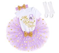 My 1/2 /1st /2nd/3rd Birthday Outfits for Baby Girl Bodysuit Romper/T-Shirt+Polka Dot Tulle Tutu Skirt +Socks+Bowknot Headband 4pcs Formal Princess Cake Smash Party Baptism Dress Purple-2nd 2T