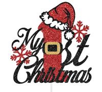 My 1st Christmas Cake Topper, Christmas Baby Shower Decorations, Winter Onederland Decor, Santa Themed Xmas Baby 1st Birthday Party Decorations Black & Red Glitter