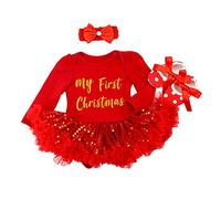 My 1st Christmas Costume, Baby Girls Christening Outfit, Infant Girls Long Sleeve Romper Dress Tutu Outfit 1st Birthday Cake Smash Clothes for Photo Props 3PCS Red My 1st Christmas 6-12 Months