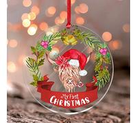 My 1st Christmas Hanging Ornaments Cow with Santa Hat Indoor Home Decor Mein Erstes Weihnachten Acrylic Christmas Bauble Xmas Gift for Daughter Mommy Daddy