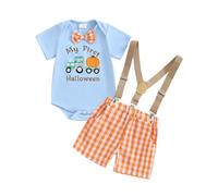 My 1st Halloween Baby Boy Gentleman Suits Long Sleeve Bowtie Romper Bodysuit Suspender Pants Shorts Hats 3pcs Outfits Sets Fall Halloween Baby Clothes (Blue My First Halloween, 12-18 Months)