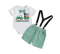 My 1st Halloween Baby Boy Gentleman Suits Long Sleeve Bowtie Romper Bodysuit Suspender Pants Shorts Hats 3pcs Outfits Sets Fall Halloween Baby Clothes (Green Tractor Pumpkin, 0-3 Months)
