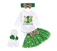My 1ST St.Patrick's Day Baby Girls 4Pcs Outfit Sets Newborn Infant Kids Romper Tops Tutu Skirt Leg Warmers Headbands Clothing Sets Green Letter Shamrock Printed Dress 0-18 Months