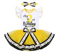 My 2nd Birthday Outfit for Baby Girls Bee Party Romper Princess Tutu Skirt Bowknot Headband Two Year Old Birthday Cake Smash Fancy Dress Up Costume for Photo Shoot Yellow-My 2nd Birthday 2 Years