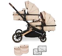 My Babiie MB33 Tandem Pushchair - Birth to 15kg Double Stroller, Twin Convertible Seat Units, 11 Configurations, Duo, Rain Covers - Giraffe Print