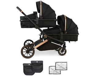 My Babiie MB33 Tandem Pushchair - Birth to 15kg Double Stroller, Twin Convertible Seat Units, 11 Configurations, Duo, Rain Covers - Rose Gold Black