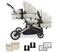 My Babiie MB33 Tandem Pushchair - Birth to 15kg Double Stroller, Twin Seat Units Convert to Carrycot, 11 Configurations, Duo Includes Car Seat Adapters, Rain Covers - Ivory