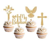My Bapstim Cupcake Toppers, God Bless First Communion Decorations, Dove Cross Cupcake Picks, Religious Baptism Christening Baby Shower 1st Birthday Party Decorations 20pcs (Gold)