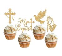 My Baptism Cupcake Toppers, First Holy Communion Decorations, Dove Cross God Bless Cupcake Picks, Religious Baptism Christening Baby Shower 1st Birthday Party Decorations Gold 20pcs