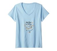 My Bed is Calling and I Must Answer Funny Sleep Lover Art V-Neck T-Shirt, Women, Baby Blue, L
