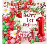 My Berry First Birthday Décor 1st Birthday Party Decorations Set Including 40" Number 1 Balloon, High Chair Banner, Backdrop,Balloon Garland Arch, Cake Toppers