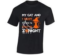 My Cat and I Stay in Tonight Mens T-Shirt Funny Witch Halloween Lazy Day Tee Black - Large