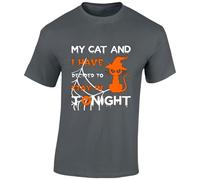 My Cat and I Stay in Tonight Mens T-Shirt Funny Witch Halloween Lazy Day Tee Charcoal - Large