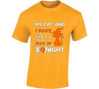 My Cat and I Stay in Tonight Mens T-Shirt Funny Witch Halloween Lazy Day Tee Gold - Large