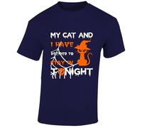 My Cat and I Stay in Tonight Mens T-Shirt Funny Witch Halloween Lazy Day Tee Navy Blue - Large