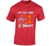 My Cat and I Stay in Tonight Mens T-Shirt Funny Witch Halloween Lazy Day Tee Red - X-Large