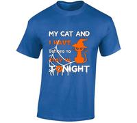 My Cat and I Stay in Tonight Mens T-Shirt Funny Witch Halloween Lazy Day Tee Royal Blue - Medium