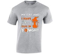 My Cat and I Stay in Tonight Mens T-Shirt Funny Witch Halloween Lazy Day Tee Sport Grey - Medium