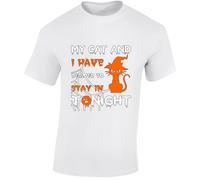 My Cat and I Stay in Tonight Mens T-Shirt Funny Witch Halloween Lazy Day Tee White - XX-Large
