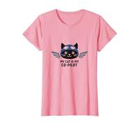 My Cat is My Co-Pilot: Aviator Kitty Adventure T-Shirt, Women, Pink, S