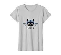 My Cat is My Co-Pilot: Aviator Kitty Adventure T-Shirt, Women, Silver, XXL