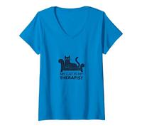 My Cat is My Therapist: Funny Pet Lover Quote V-Neck T-Shirt, Women, Sapphire, S