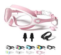My Cool Summer Goggles, 180° Wide View Anti Fog & UV No Leaking Swim Glasses, with Ear Plugs & Nose Clip for Children and Early Teens, Waterproof, Anti-Fog, UV Protection (1-Pink-white transparent)