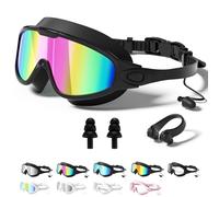 My Cool Summer Goggles, 180° Wide View Anti Fog & UV No Leaking Swim Glasses, with Ear Plugs & Nose Clip for Children and Early Teens, Waterproof, Anti-Fog, UV Protection (1-Black with pink plating)
