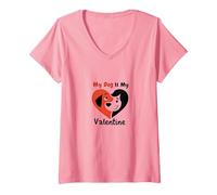 My Dog is My Valentine Heart Pet Love V-Neck T-Shirt, Women, Pink, XL