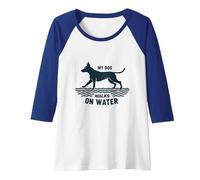 My Dog Walks on Water: Quirky Pet Lover Raglan Baseball Tee, Women, Royal Blue/White, L