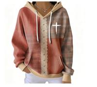 My Faith World Clothing Women Retro Contrast Color Cross Casual Hoodie Christian Sweatshirt Faith Shirtcross Pattern Pullover (Red,xx_l)
