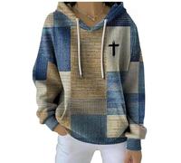 My Faith World Clothing Women, Women's Christian Cross Graphic Contrast Color Square Striped Long Sleeve Hooded Sweatshirt (G,5XL)
