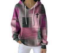 My Faith World Clothing Women, Women's Christian Cross Graphic Contrast Color Square Striped Long Sleeve Hooded Sweatshirt (E,3XL)