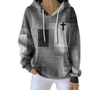 My Faith World Clothing Women, Women's Christian Cross Graphic Contrast Color Square Striped Long Sleeve Hooded Sweatshirt (F,XL)
