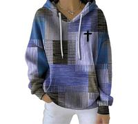 My Faith World Clothing Women, Women's Christian Cross Graphic Contrast Color Square Striped Long Sleeve Hooded Sweatshirt (D,4XL)