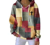 My Faith World Clothing Women, Women's Christian Cross Graphic Contrast Color Square Striped Long Sleeve Hooded Sweatshirt (H,L)