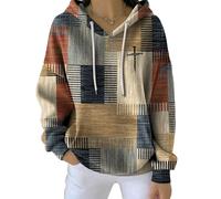 My Faith World Clothing Women, Women's Christian Cross Graphic Contrast Color Square Striped Long Sleeve Hooded Sweatshirt (A,L)