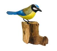 My Family House Hand Carved Wooden Bird Collection, Fair Trade, Natural Wood, Hand-Painted Decorative Sculptures with Natural Wood Base, Indoor Home Decor (Blue Tit)